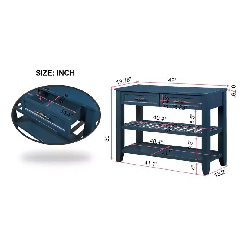 Hostack Table console buffet de 106,7 cm avec 2 tiroirs de rangement et 2 étagères pour salon et salle à manger, bleu marine