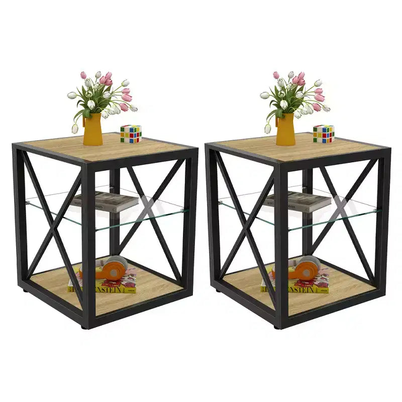 Set of 2 Modern End Tables with Drawer - Rustic Wood-Grain MDF and Tempered Glass Top Nightstands for Bedroom and Living Room