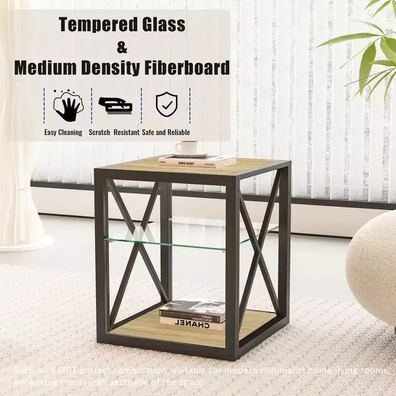Lot de 2 tables d'appoint modernes avec tiroir - Tables de chevet en MDF grain de bois rustique et plateau en verre trempé pour chambre et salon
