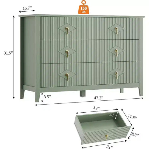 Acekool Commode cannelée à 6 tiroirs de 120 cm, Meuble de rangement moderne pour chambre à coucher, salon
