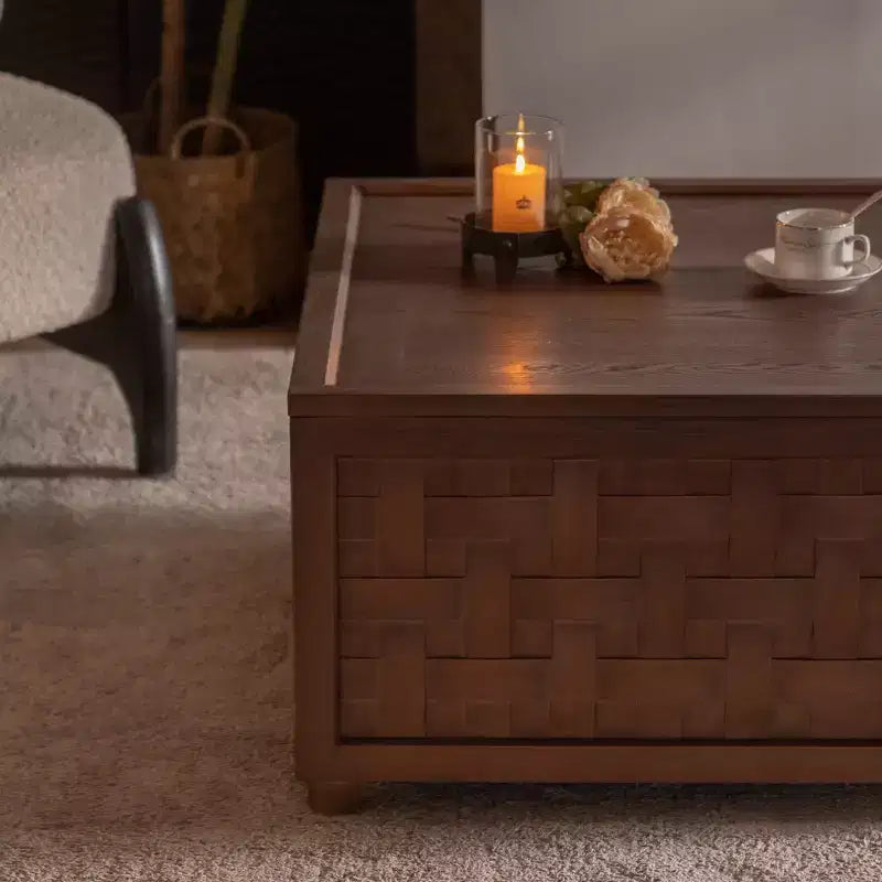 Table Basse de Ferme CLIHOME avec Rangement, Grande Table Basse Carrée pour Salon, Marron