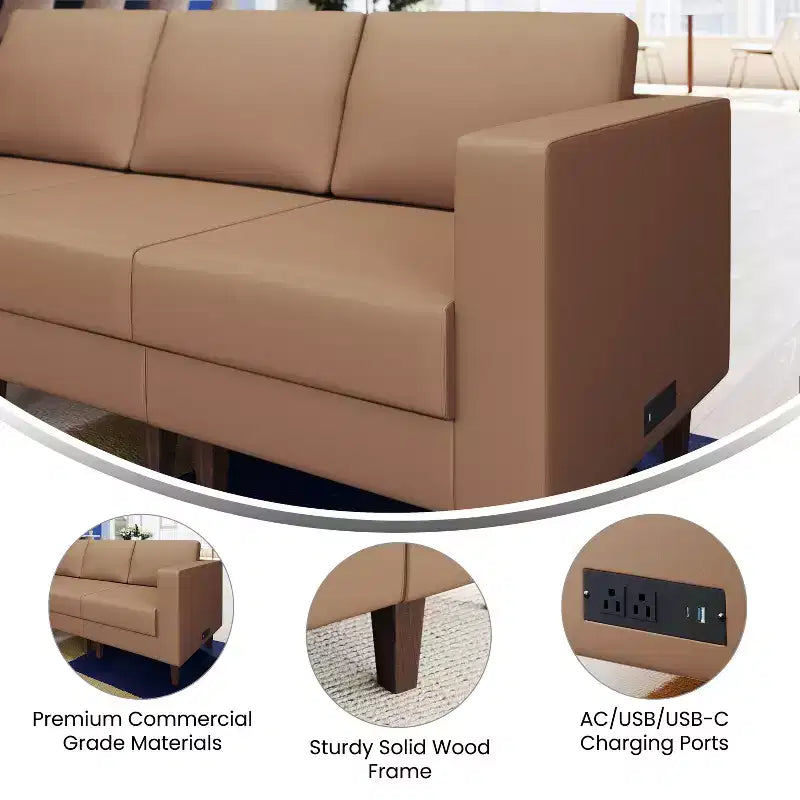 Fauteuil de réception HERCULES Artemis rembourré à accoudoir droit de Flash Furniture, 2 prises CA/1 port USB/1 port USB-C et pieds en bois de noyer avec patin de sol réglable