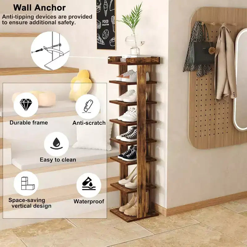Tree City - Meuble à Chaussures Vertical en Bois à 7 Niveaux de 114 cm pour Entrée, Placard et Petits Espaces, Peut Contenir 7 à 10 Paires