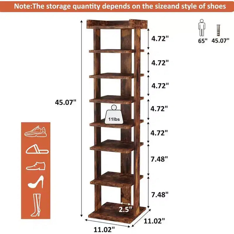 Tree City - Meuble à Chaussures Vertical en Bois à 7 Niveaux de 114 cm pour Entrée, Placard et Petits Espaces, Peut Contenir 7 à 10 Paires