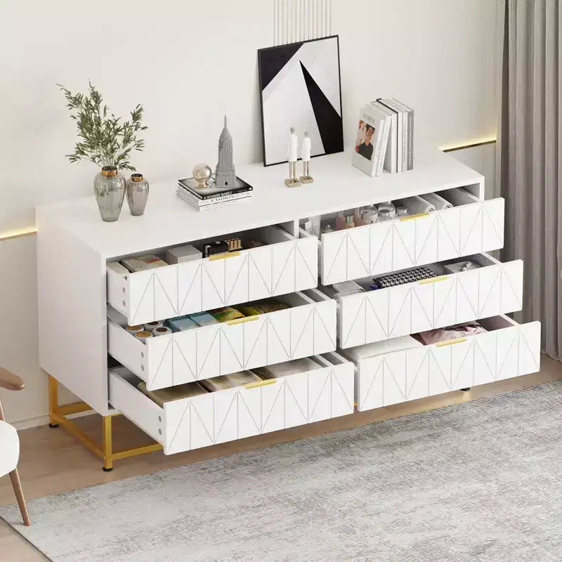 Commode étroite et moderne à 6 tiroirs en tissu avec poignée dorée pour chambre, dressing et salon