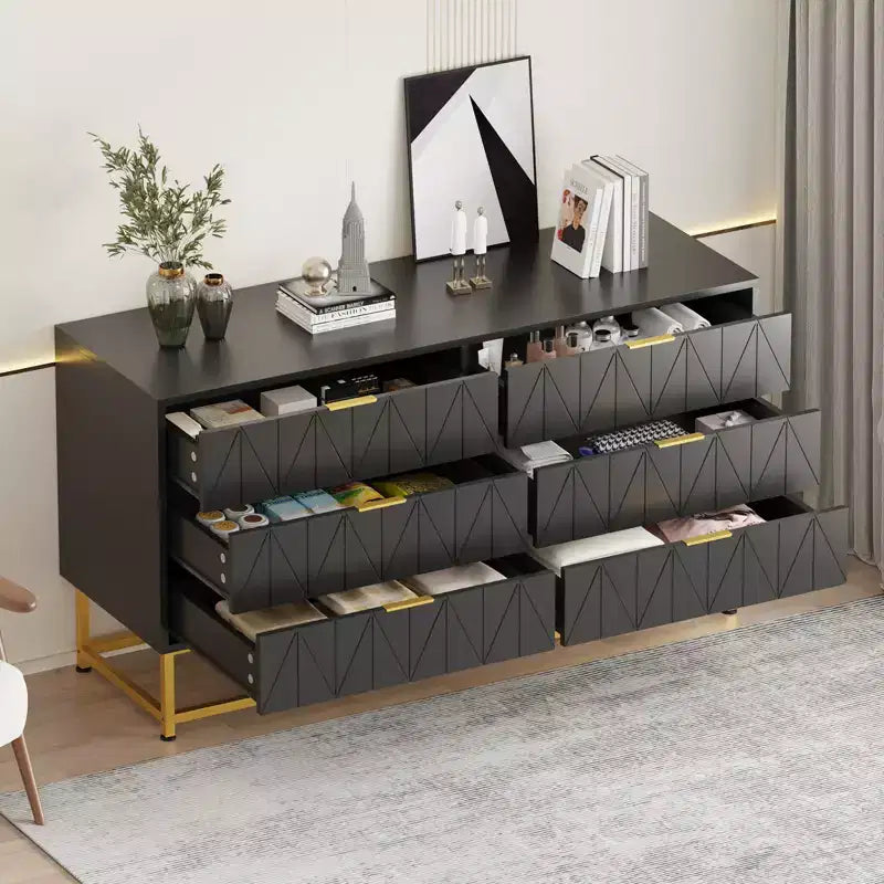 Commode étroite et moderne à 6 tiroirs en tissu avec poignée dorée pour chambre, dressing et salon