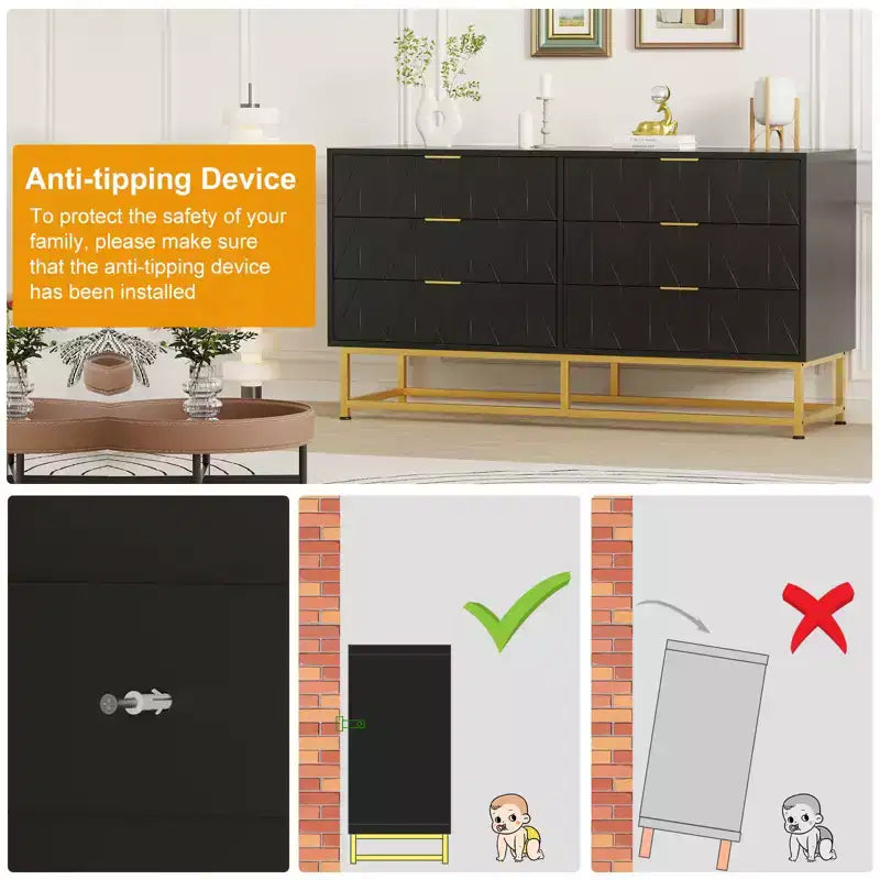 Commode étroite et moderne à 6 tiroirs en tissu avec poignée dorée pour chambre, dressing et salon