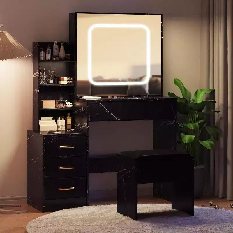 Acekool Vanity Set with Storage Drawers, Sliding Mirror, Charging Station, Adjustable Lighting, Stool, Marble Black