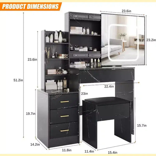 Coiffeuse Acekool avec tiroirs de rangement, miroir coulissant, station de charge, éclairage réglable, tabouret, marbre noir