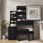 Coiffeuse Acekool avec tiroirs de rangement, miroir coulissant, station de charge, éclairage réglable, tabouret, marbre noir