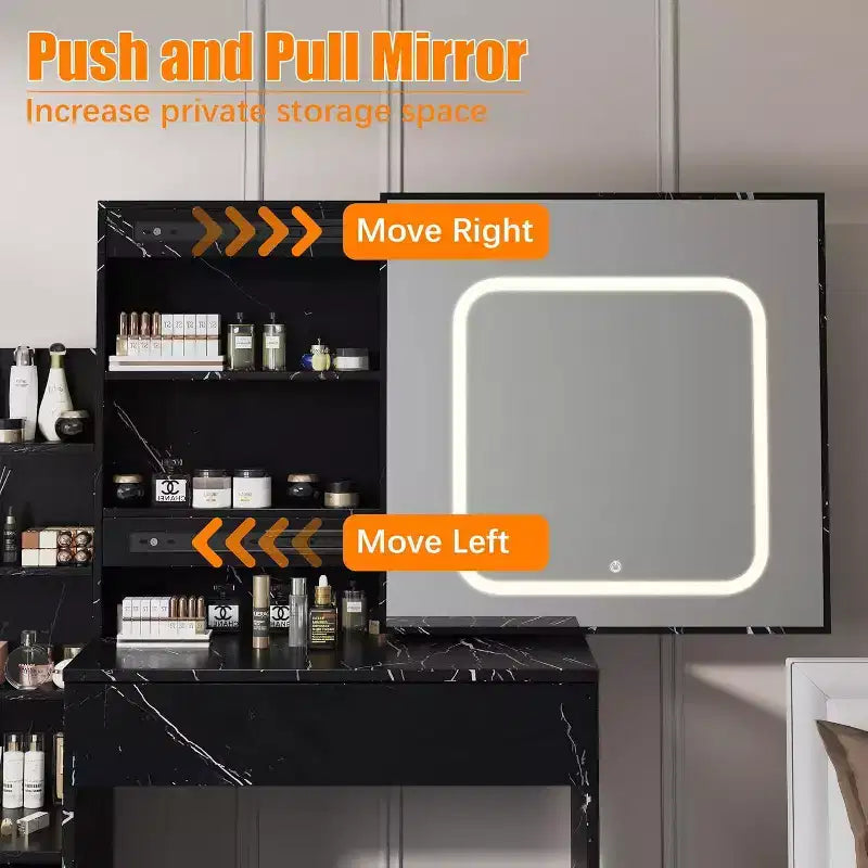 Coiffeuse Acekool avec tiroirs de rangement, miroir coulissant, station de charge, éclairage réglable, tabouret, marbre noir