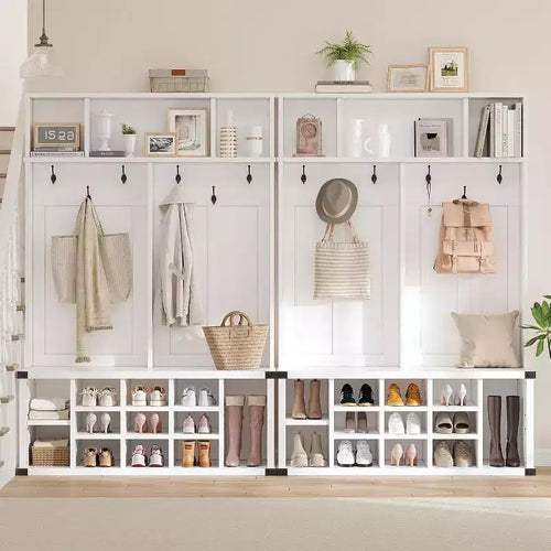 Acekool 76 Meuble d'entrée avec banc, rangement de chaussures, porte-manteau, 6 crochets et étagère réglable, organisateur d'entrée de ferme, blanc