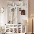 Acekool 76 Meuble d'entrée avec banc, rangement de chaussures, porte-manteau, 6 crochets et étagère réglable, organisateur d'entrée de ferme, blanc