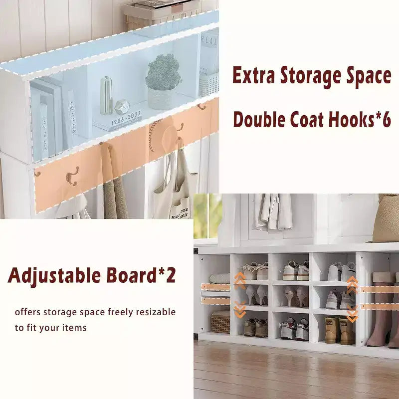 Acekool 76 Meuble d'entrée avec banc, rangement de chaussures, porte-manteau, 6 crochets et étagère réglable, organisateur d'entrée de ferme, blanc
