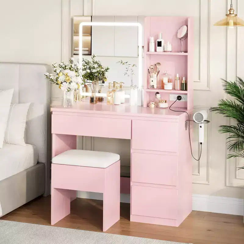 Coiffeuse avec miroir et éclairage LED, Table de maquillage moderne, avec 4 tiroirs, 3 modes d'éclairage réglables, pour chambre à coucher
