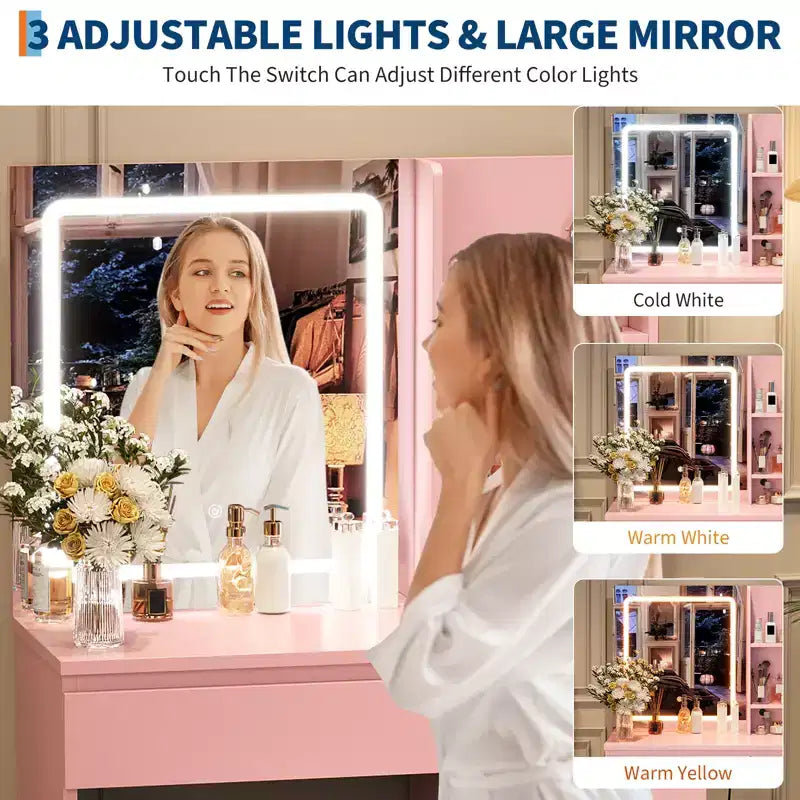 Coiffeuse avec miroir et éclairage LED, Table de maquillage moderne, avec 4 tiroirs, 3 modes d'éclairage réglables, pour chambre à coucher