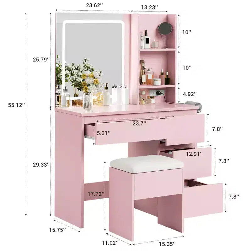 Coiffeuse avec miroir et éclairage LED, Table de maquillage moderne, avec 4 tiroirs, 3 modes d'éclairage réglables, pour chambre à coucher