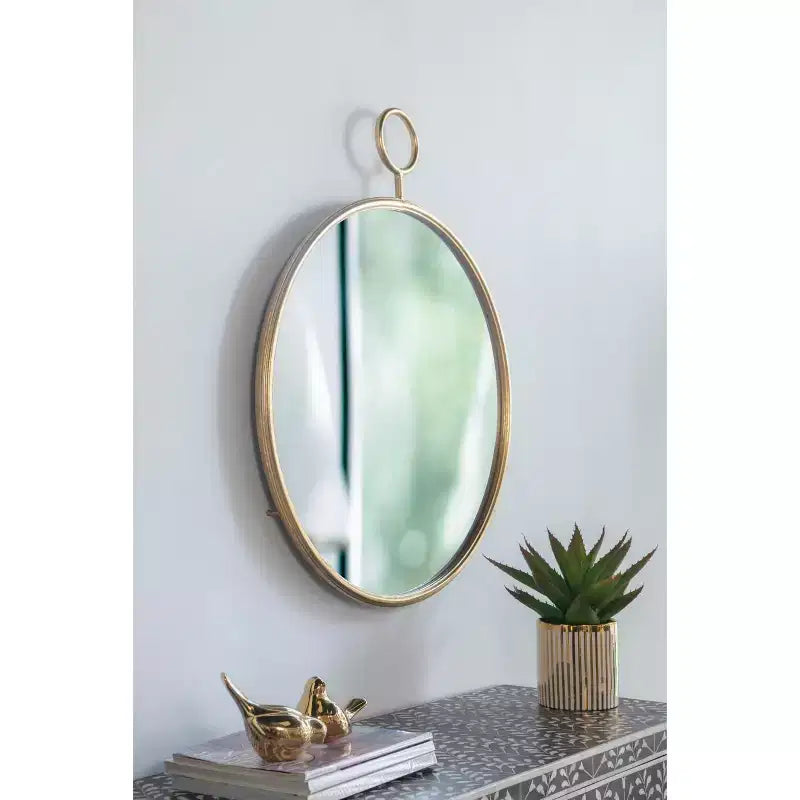 Miroir mural rond de 26 x 32 pouces avec cadre en métal doré