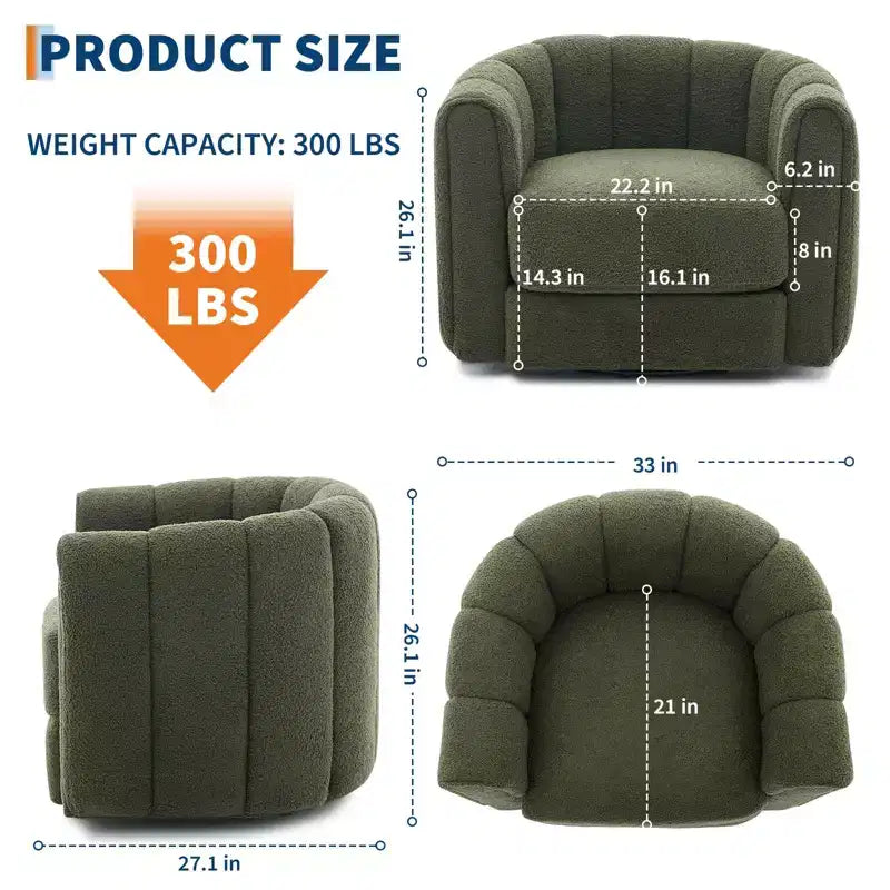 Fauteuil d'appoint pivotant moderne, fauteuil barillet rotatif à 360° avec dossier rayé, fauteuil de salon rond, fauteuil de lecture confortable pour chambre à coucher ou chambre de bébé, vert