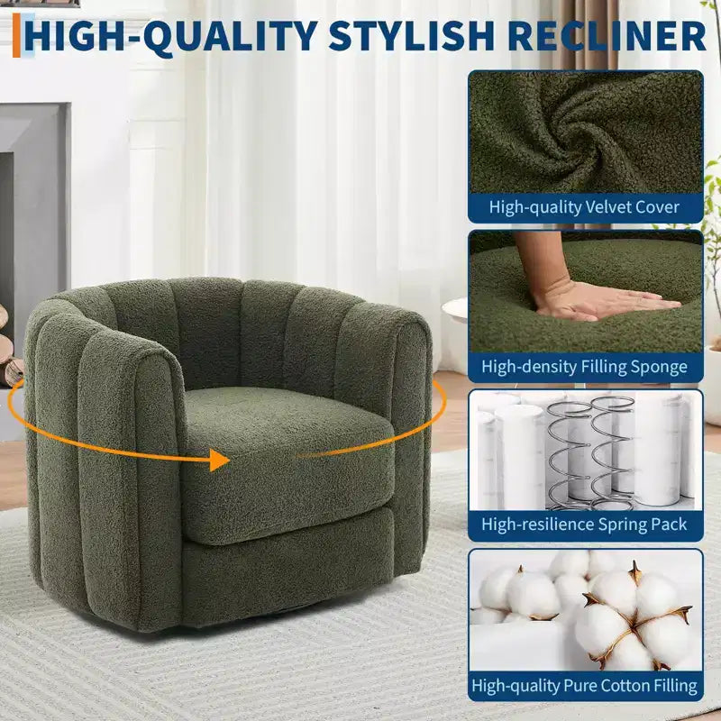 Fauteuil d'appoint pivotant moderne, fauteuil barillet rotatif à 360° avec dossier rayé, fauteuil de salon rond, fauteuil de lecture confortable pour chambre à coucher ou chambre de bébé, vert