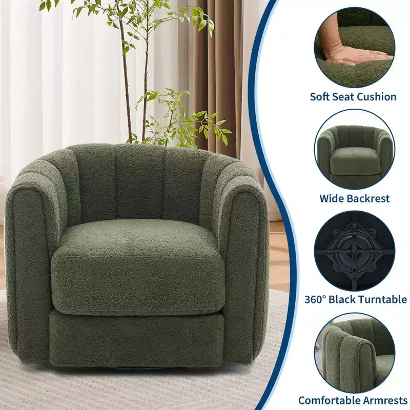 Fauteuil d'appoint pivotant moderne, fauteuil barillet rotatif à 360° avec dossier rayé, fauteuil de salon rond, fauteuil de lecture confortable pour chambre à coucher ou chambre de bébé, vert