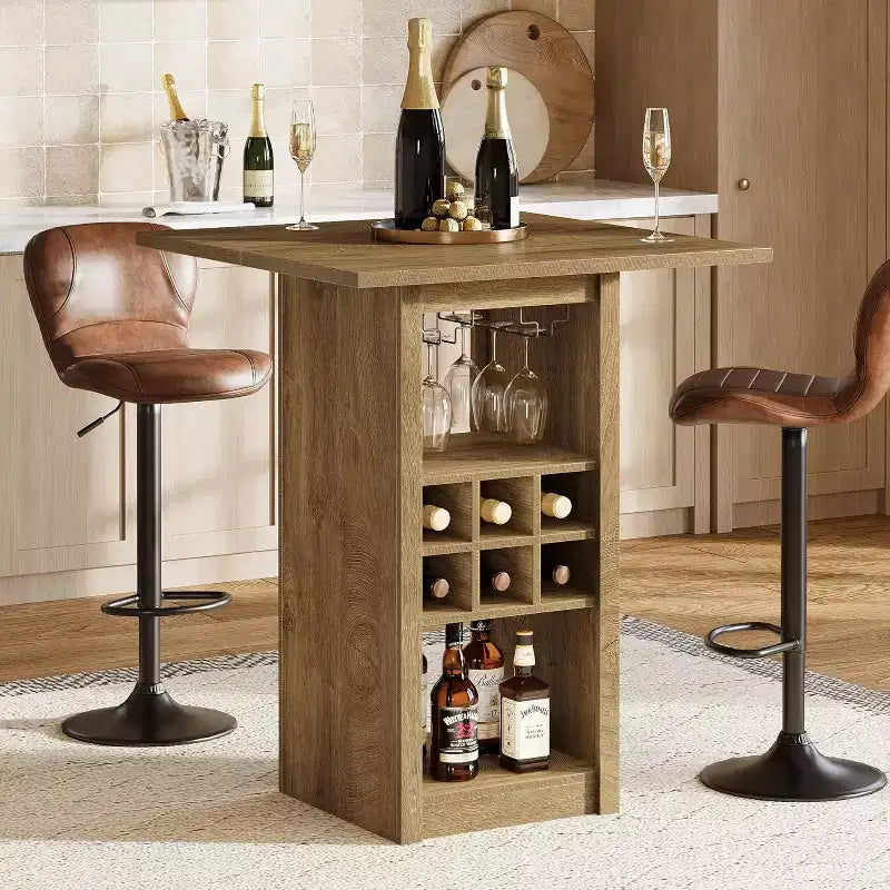 Table de bar carrée Lantine de 31,5 pouces, meuble de bar à hauteur de comptoir en bois à 4 niveaux avec porte-verres, porte-bouteilles et étagères de rangement pour bistro