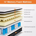 Matelas en mousse à mémoire de forme gel 14 pouces King Fermeté moyenne, Matelas pour le soulagement de la pression et un sommeil frais Certifié CertiPUR-US