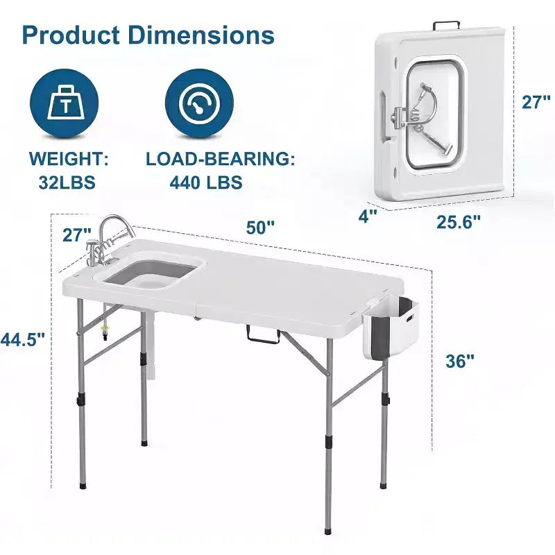 Table de nettoyage de poisson pliante avec évier pliable, table de camping portable et station de nettoyage de poisson, évier de camping avec tuyau de vidange de robinet et pulvérisateur