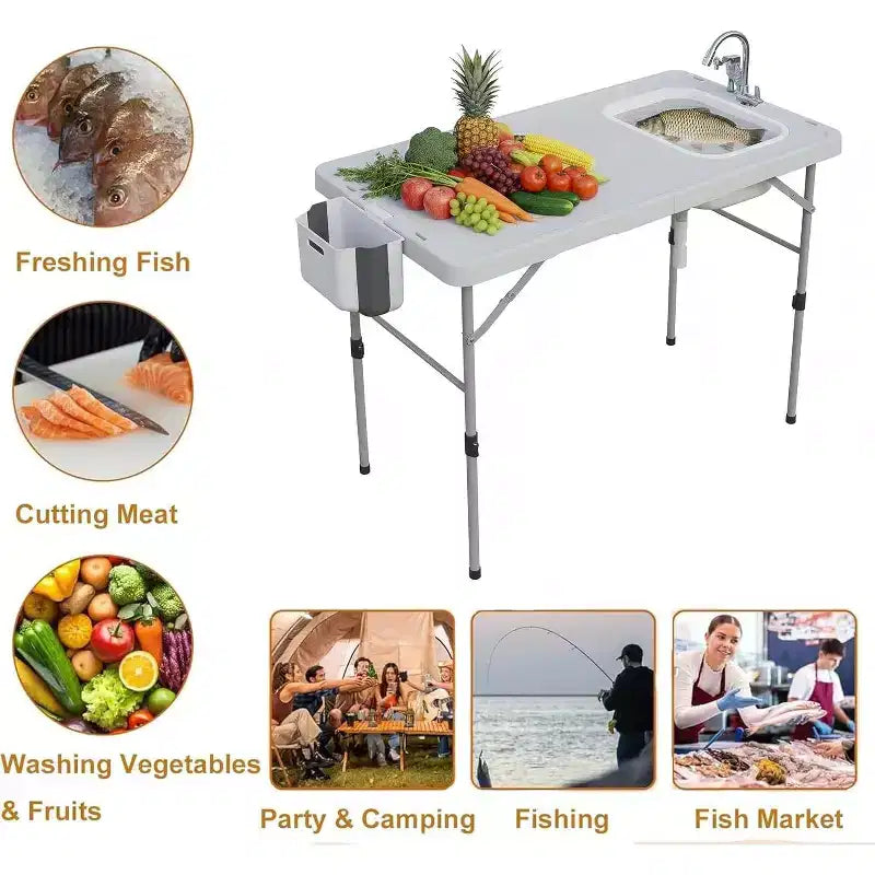 Table de nettoyage de poisson pliante avec évier pliable, table de camping portable et station de nettoyage de poisson, évier de camping avec tuyau de vidange de robinet et pulvérisateur