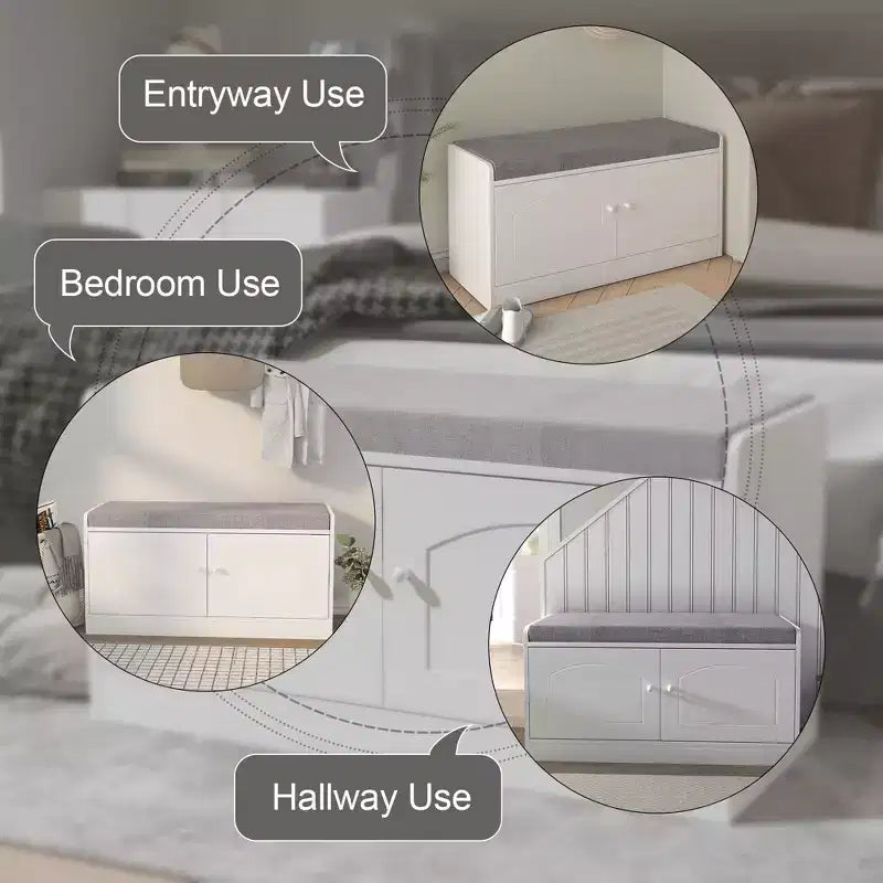Banc de rangement pour chaussures à 2 niveaux avec coussin rembourré, banc d'entrée avec portes coulissantes et étagère réglable pour salon et chambre