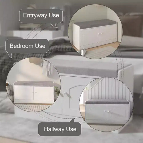 Banc de rangement pour chaussures à 2 niveaux avec coussin rembourré, banc d'entrée avec portes coulissantes et étagère réglable pour salon et chambre