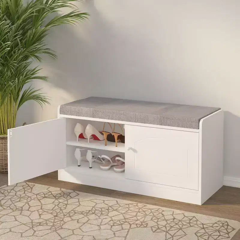 Banc de rangement pour chaussures à 2 niveaux avec coussin rembourré, banc d'entrée avec portes coulissantes et étagère réglable pour salon et chambre