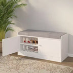 Banc de rangement pour chaussures à 2 niveaux avec coussin rembourré, banc d'entrée avec portes coulissantes et étagère réglable pour salon et chambre