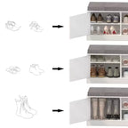 Banc de rangement pour chaussures à 2 niveaux avec coussin rembourré, banc d'entrée avec portes coulissantes et étagère réglable pour salon et chambre