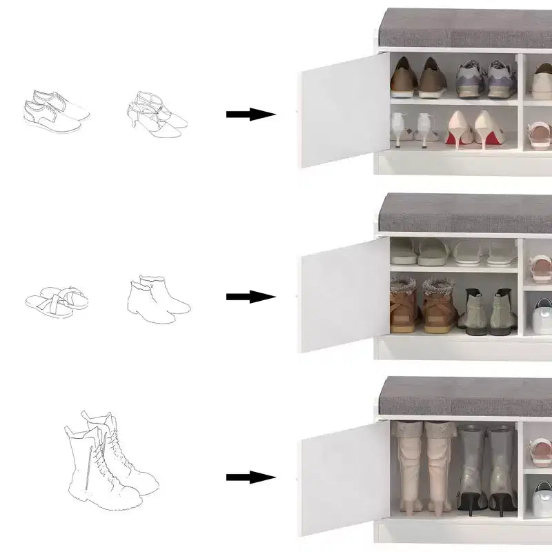 Banc de rangement pour chaussures à 2 niveaux avec coussin rembourré, banc d'entrée avec portes coulissantes et étagère réglable pour salon et chambre