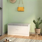 Banc de rangement pour chaussures à 2 niveaux avec coussin rembourré, banc d'entrée avec portes coulissantes et étagère réglable pour salon et chambre