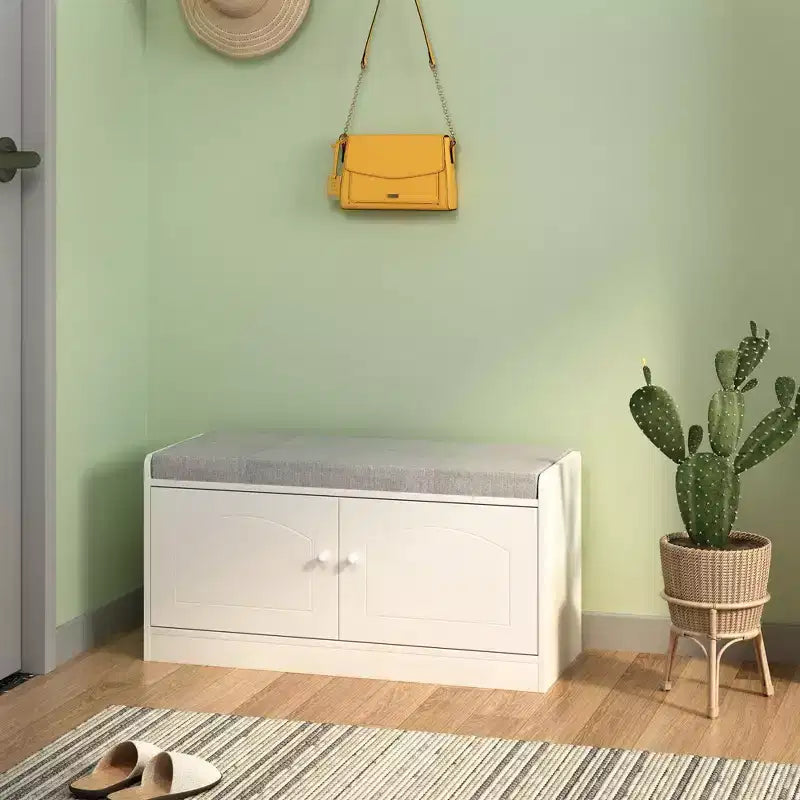 Banc de rangement pour chaussures à 2 niveaux avec coussin rembourré, banc d'entrée avec portes coulissantes et étagère réglable pour salon et chambre