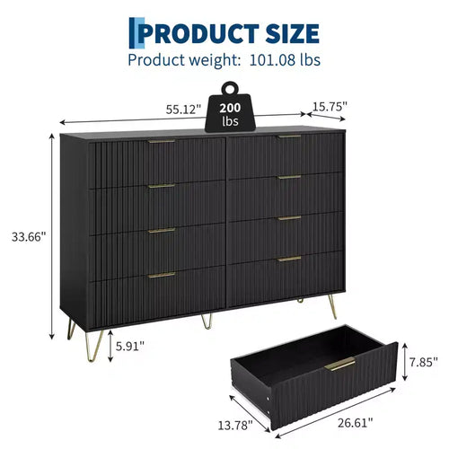 Commode 8 tiroirs pour chambre à coucher, commode en bois de 55W avec pieds en métal, organisateur de rangement de vêtements, commode de placard et meuble TV pour couloir