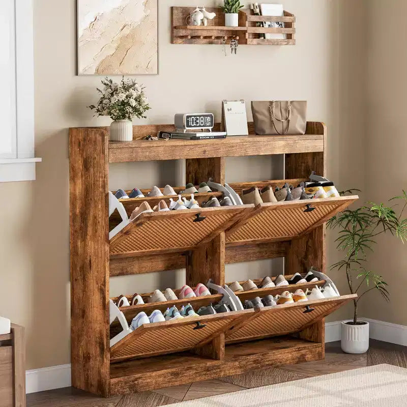 Meuble à Chaussures avec 4 Tiroirs Basculants, Meuble à Chaussures en Bois avec Portes en Rotin et Étagères Réglables - Organisateur de Chaussures Autonome