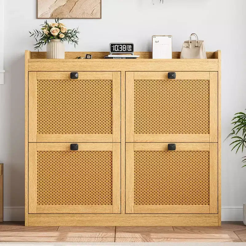 Meuble à Chaussures avec 4 Tiroirs Basculants, Meuble à Chaussures en Bois avec Portes en Rotin et Étagères Réglables - Organisateur de Chaussures Autonome