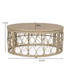 Table basse, table d'appoint ronde avec plateau en osier tressé, table de canapé en rotin pour patio avec design en boucle pour jardin, cour arrière