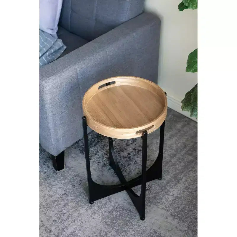 Table d'appoint marron avec piètement géométrique noir 15x15x22