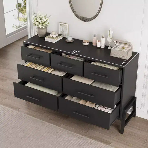 Commode à 7 tiroirs, meuble de rangement de 132 cm de large en bois avec tiroirs profonds pour chambre, salon ou entrée, compatible avec les robots aspirateurs