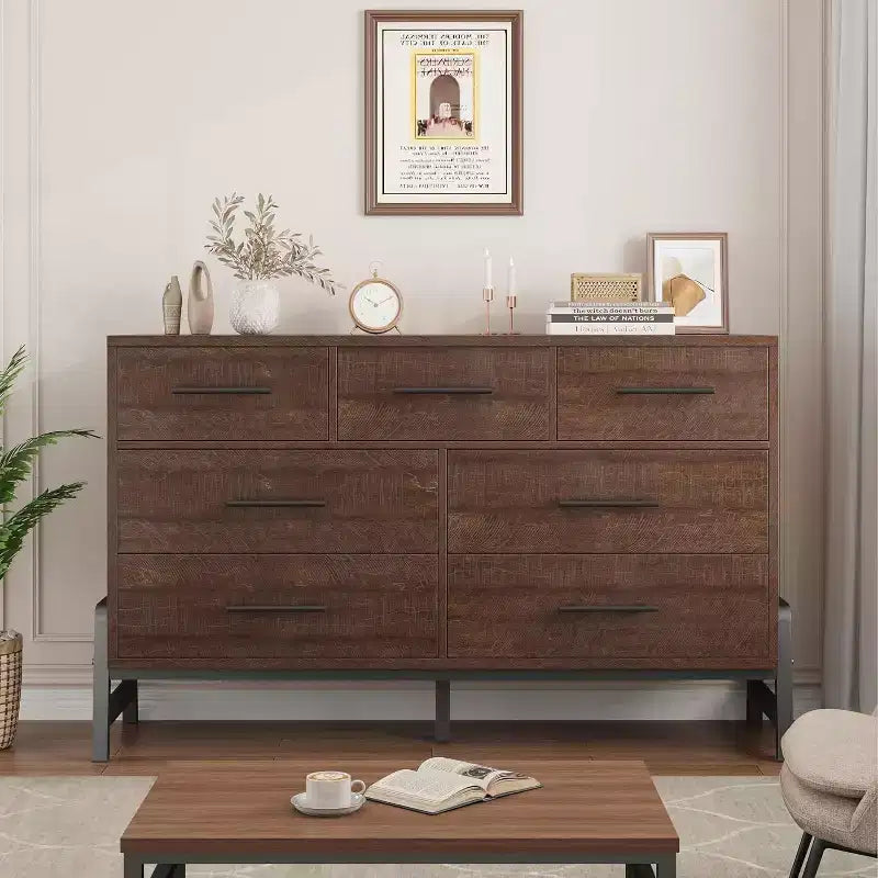 Commode à 7 tiroirs, meuble de rangement de 132 cm de large en bois avec tiroirs profonds pour chambre, salon ou entrée, compatible avec les robots aspirateurs