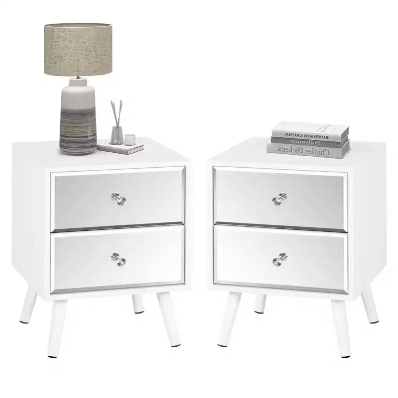 Lot de 2 tables de chevet modernes à 2 tiroirs avec miroirs et pieds en bois massif TYBOATLE - Blanches