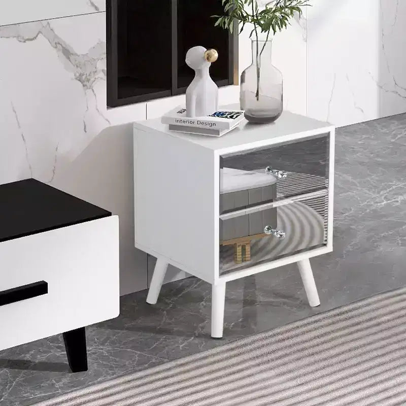 Lot de 2 tables de chevet modernes à 2 tiroirs avec miroirs et pieds en bois massif TYBOATLE - Blanches