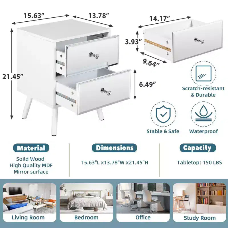 Lot de 2 tables de chevet modernes à 2 tiroirs avec miroirs et pieds en bois massif TYBOATLE - Blanches