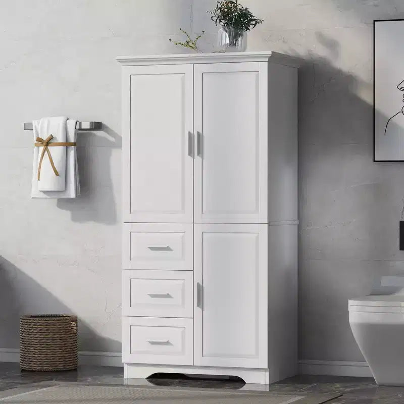 Meuble de rangement de salle de bain autoportant moderne GDFStudio Sienna en bois avec trois tiroirs et une étagère réglable