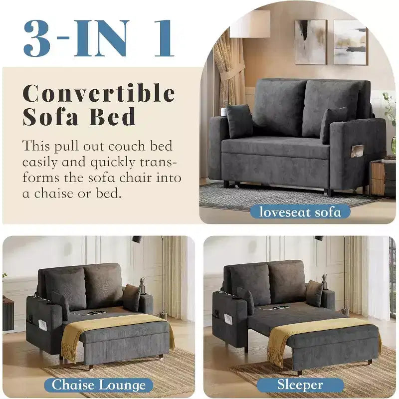 Canapé-lit convertible, canapé-lit escamotable de 142 cm, canapé-lit deux places avec 4 oreillers, chargement USB, porte-gobelets, poches latérales pour salon, chambre à coucher