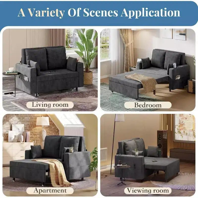 Canapé-lit convertible, canapé-lit escamotable de 142 cm, canapé-lit deux places avec 4 oreillers, chargement USB, porte-gobelets, poches latérales pour salon, chambre à coucher